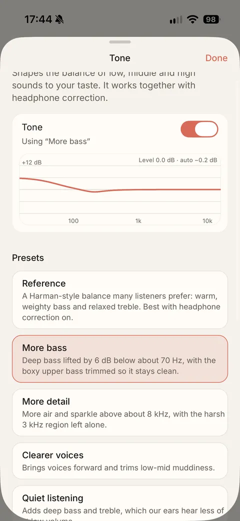 The Tone screen with a response curve and a list of presets: Reference, More bass, More detail, Clearer voices and Quiet listening.