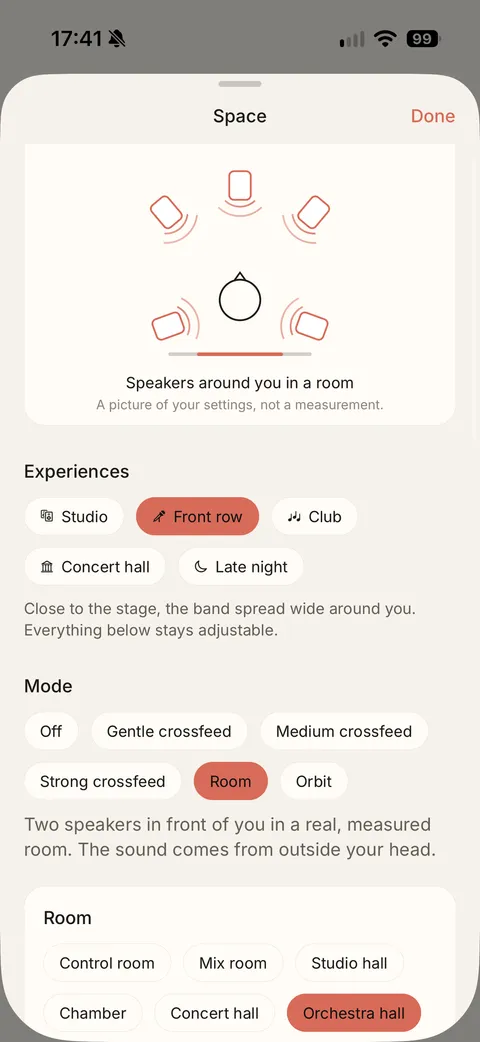 The Space screen: a diagram of speakers around a listener, experiences such as Front row and Club, modes including crossfeed, Room and Orbit, and the six rooms.